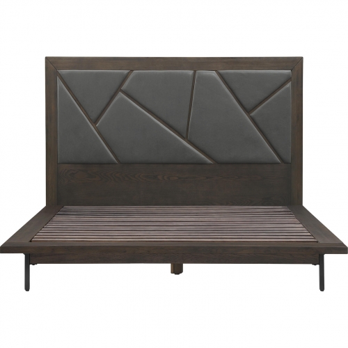 Marquis Queen Platform Bed in Smoke Oak, Grey Leatherette & Black Metal