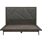 Marquis Queen Platform Bed in Smoke Oak, Grey Leatherette & Black Metal