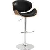 Naples Adjustable Height Bar Stool in Chrome Finish with Black Leatherette & Walnut Veneer Back