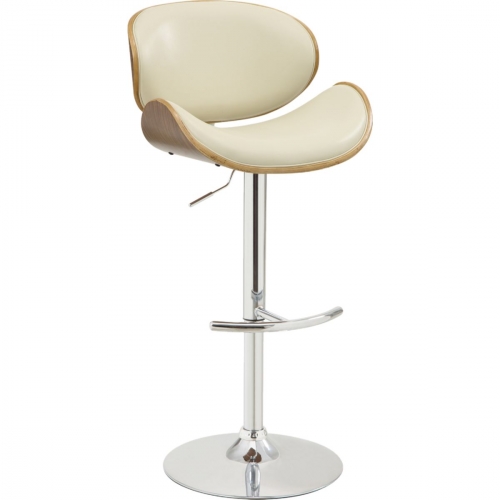 Naples Adjustable Height Bar Stool in Chrome Finish with Cream Leatherette & Walnut Veneer Back
