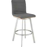 Nikole 30" Swivel Bar Stool in Gray Leatherette, Walnut & Stainless