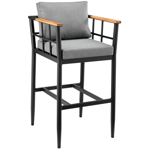 Orlando Outdoor Counter Stool in Black Aluminum, Teak & Grey Fabric