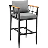 Orlando Outdoor Counter Stool in Black Aluminum, Teak & Grey Fabric