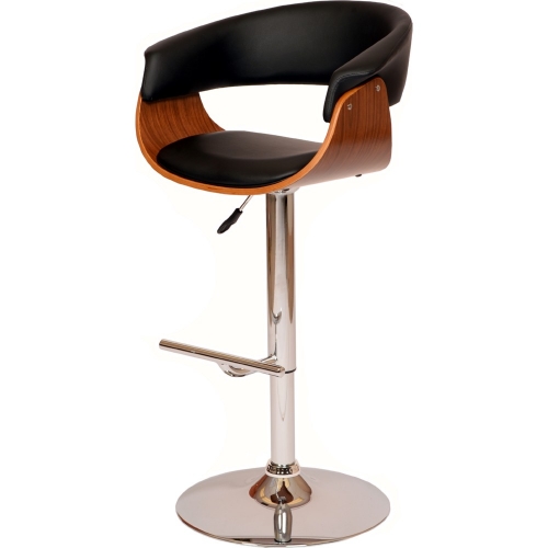 Paris Adjustable Height Swivel Bar Stool on Curved Walnut Base with Black Leatherette Seat & Back