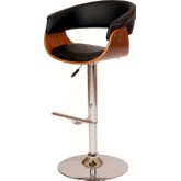 Paris Adjustable Height Swivel Bar Stool on Curved Walnut Base w/ Black Leatherette Seat & Back