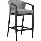 Palma Outdoor Counter Stool in Black Aluminum, Grey Wicker & Fabric (Set of 2)