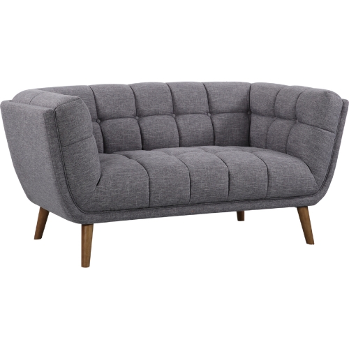 Phantom Mid Century Modern Loveseat in Tufted Dark Gray Linen & Walnut Legs