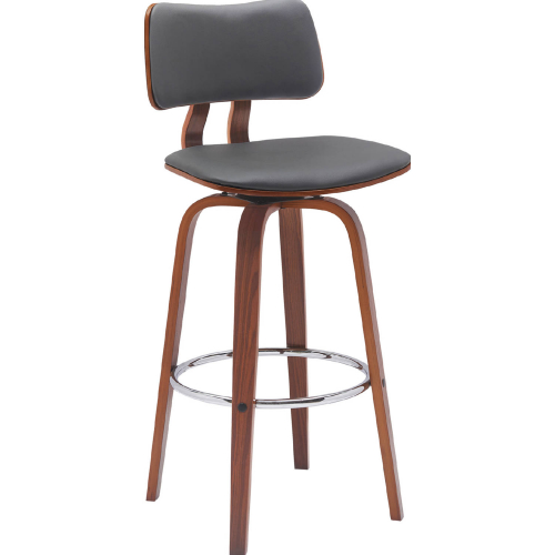 Pico 30" Swivel Bar Stool in Walnut Wood, in Gray Leatherette & Chrome