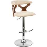 Ruth Adjustable Height Swivel Bar Stool in Cream Leatherette, Walnut Finish & Chrome