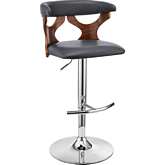 Ruth Adjustable Height Swivel Bar Stool in Grey Leatherette, Walnut Finish & Chrome