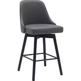 Sicily 26" Swivel Counter Stool in Gray Leatherette, Black Wood & Black Metal
