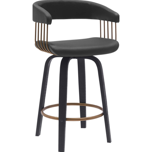 Topanga 26" Swivel Counter Stool in Black Leatherette, Black Wood & Bronze