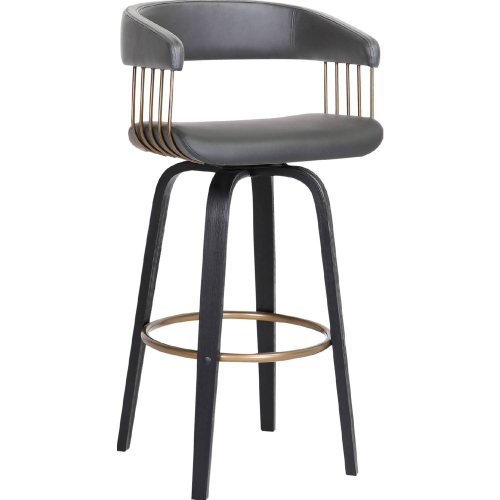 Topanga 30.5" Swivel Bar Stool in Gray Leatherette, Black Wood & Bronze