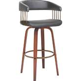 Topanga 30.5" Swivel Bar Stool in Gray Leatherette, Walnut Wood & Bronze
