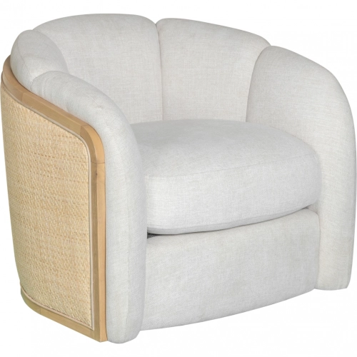 Violet Accent Chair in Soft Oat Fabric, Rattan & Natural Wood Finish