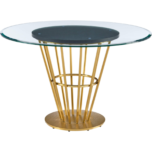 Veronica 48" Round Dining Table in Gold Stainless Steel, Walnut & Glass