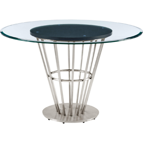 Veronica 48" Round Dining Table in Brushed Stainless Steel, Walnut & Glass