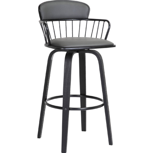 Willow 30" Swivel Bar Stool in Black Wood, Gray Leatherette & Black Metal