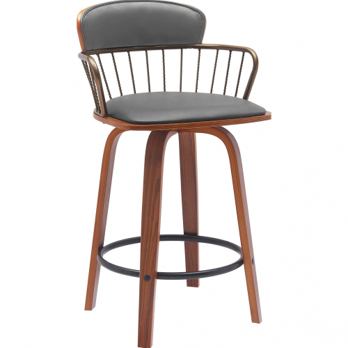 Willow 25.5" Swivel Counter Stool in Walnut Wood, Gray Leatherette & Bronze
