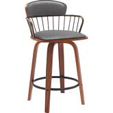 Willow 25.5" Swivel Counter Stool in Walnut Wood, Gray Leatherette & Bronze