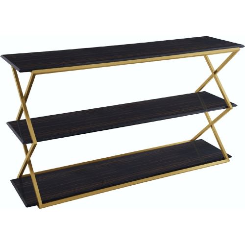 Westlake 3 Tier Console Table in Dark Brown Veneer with Brushed Gold Legs