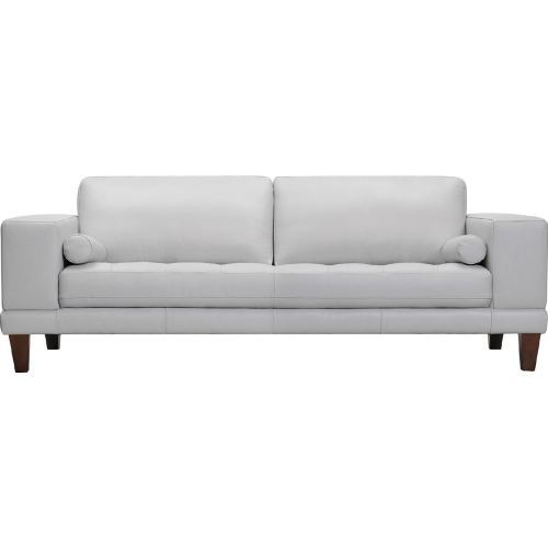 Wynne Sofa in Dove Grey Leather with Brown Wood Legs