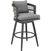 Zella Outdoor Swivel 26" Counter Stool in Aluminum, Light Gray Rope & Earl Gray Fabric (Set of 2)