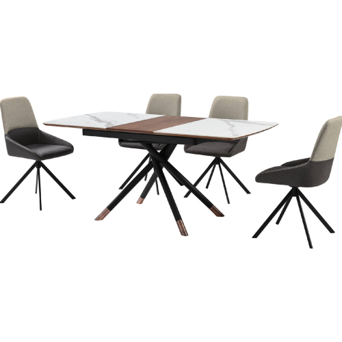 Alora & Maverick 5 Piece Dining Set in Gray Ceramic, Walnut, Black & Gray Fabric