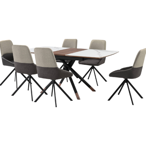 Alora & Maverick 7 Piece Dining Set in Gray Ceramic, Walnut, Black & Gray Fabric