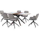 Alora & Penny 7 Piece Ext Dining Set in Gray Ceramic, Walnut, Black & Gray Fabric