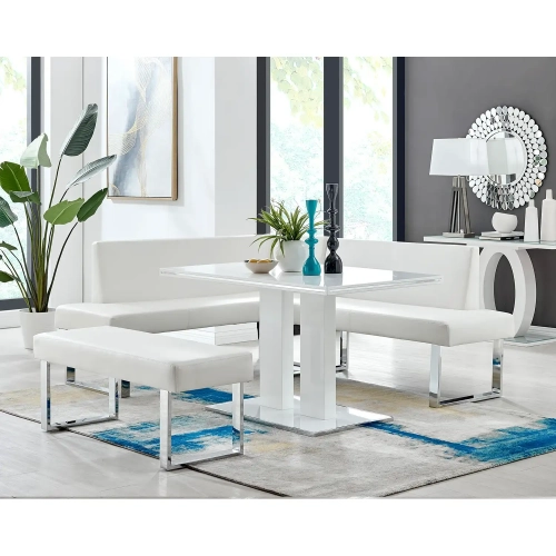 Amanda 3 Piece Dining Set in White, Stainless & White Leatherette