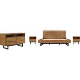 Aldo King 4 Piece Bedroom Set in Brown Oak Wood & Black Metal