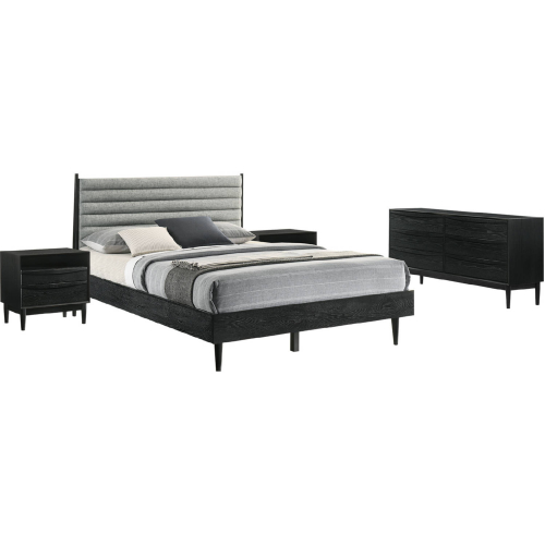 Artemio 4 Piece Queen Bedroom Set in Gray Fabric & Black Finish Wood