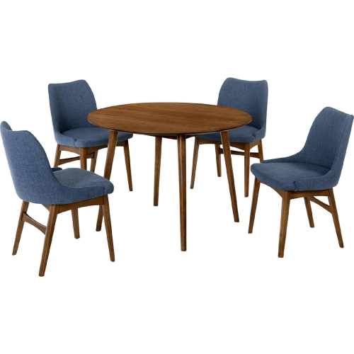 Arcadia & Azalea 42" Round 5 Piece Dining Set in Blue Fabric & Walnut Wood