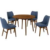 Arcadia & Azalea 42" Round 5 Piece Dining Set in Blue Fabric & Walnut Wood