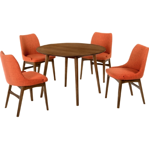 Arcadia & Azalea 42" Round 5 Piece Dining Set in Orange Fabric & Walnut Wood