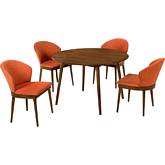Arcadia & Juno 48" Round 5 Piece Dining Set in Orange Fabric & Walnut Wood