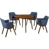 Arcadia & Renzo 42" Round 5 Piece Dining Set in Blue Fabric & Walnut Wood