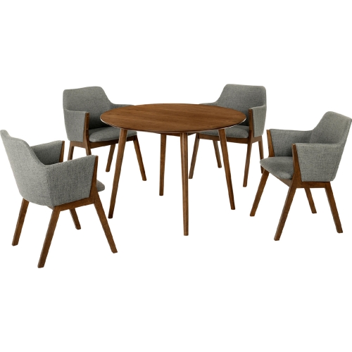 Arcadia & Renzo 42" Round 5 Piece Dining Set in Charcoal Fabric & Walnut Wood
