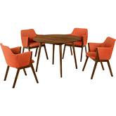 Arcadia & Renzo 42" Round 5 Piece Dining Set in Orange Fabric & Walnut Wood