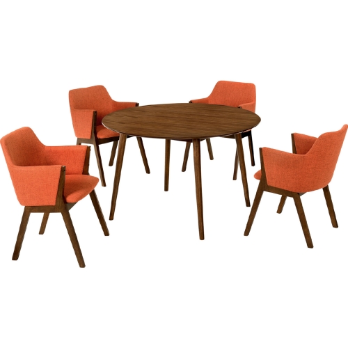 Arcadia & Renzo 48" Round 5 Piece Dining Set in Orange Fabric & Walnut Wood