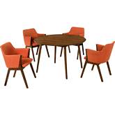 Arcadia & Renzo 48" Round 5 Piece Dining Set in Orange Fabric & Walnut Wood