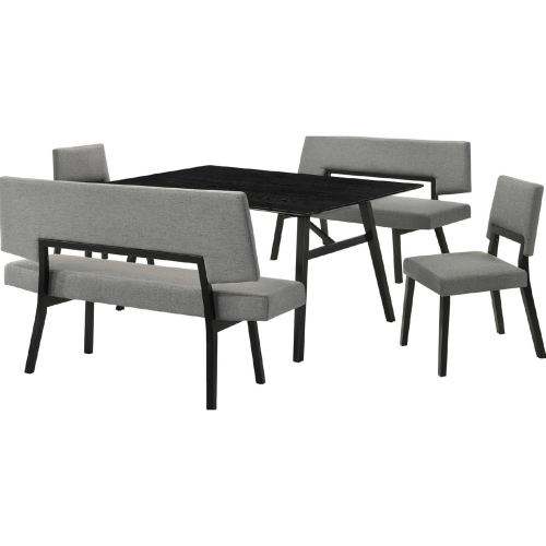 Channell 5 Piece Dining Set with Benches in Black Wood & Charcoal Gray Fabric
