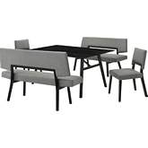 Channell 5 Piece Dining Set with Benches in Black Wood & Charcoal Gray Fabric