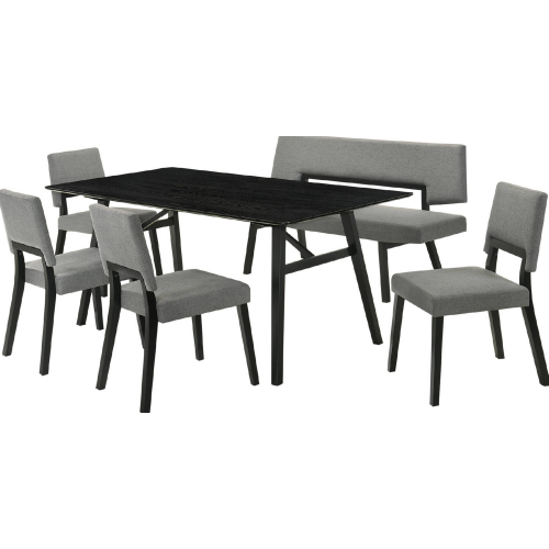 Channell 6 Piece Dining Set with Bench in Black Wood & Charcoal Gray Fabric
