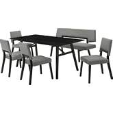 Channell 6 Piece Dining Set with Bench in Black Wood & Charcoal Gray Fabric