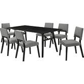Channell 7 Piece Dining Set with Bench in Black Wood & Charcoal Gray Fabric