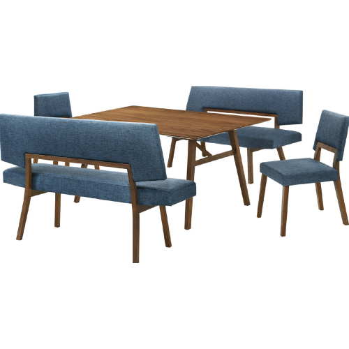 Channell 5 Piece Dining Set with Benches in Walnut Finish Wood & Blue Fabric