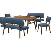 Channell 5 Piece Dining Set with Benches in Walnut Finish Wood & Blue Fabric