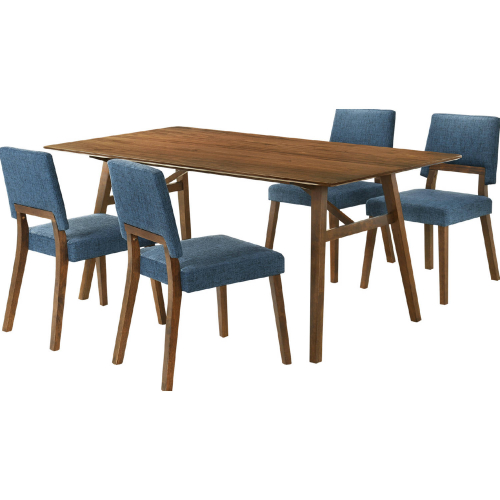 Channell 5 Piece Dining Set in Walnut Finish Wood & Blue Fabric